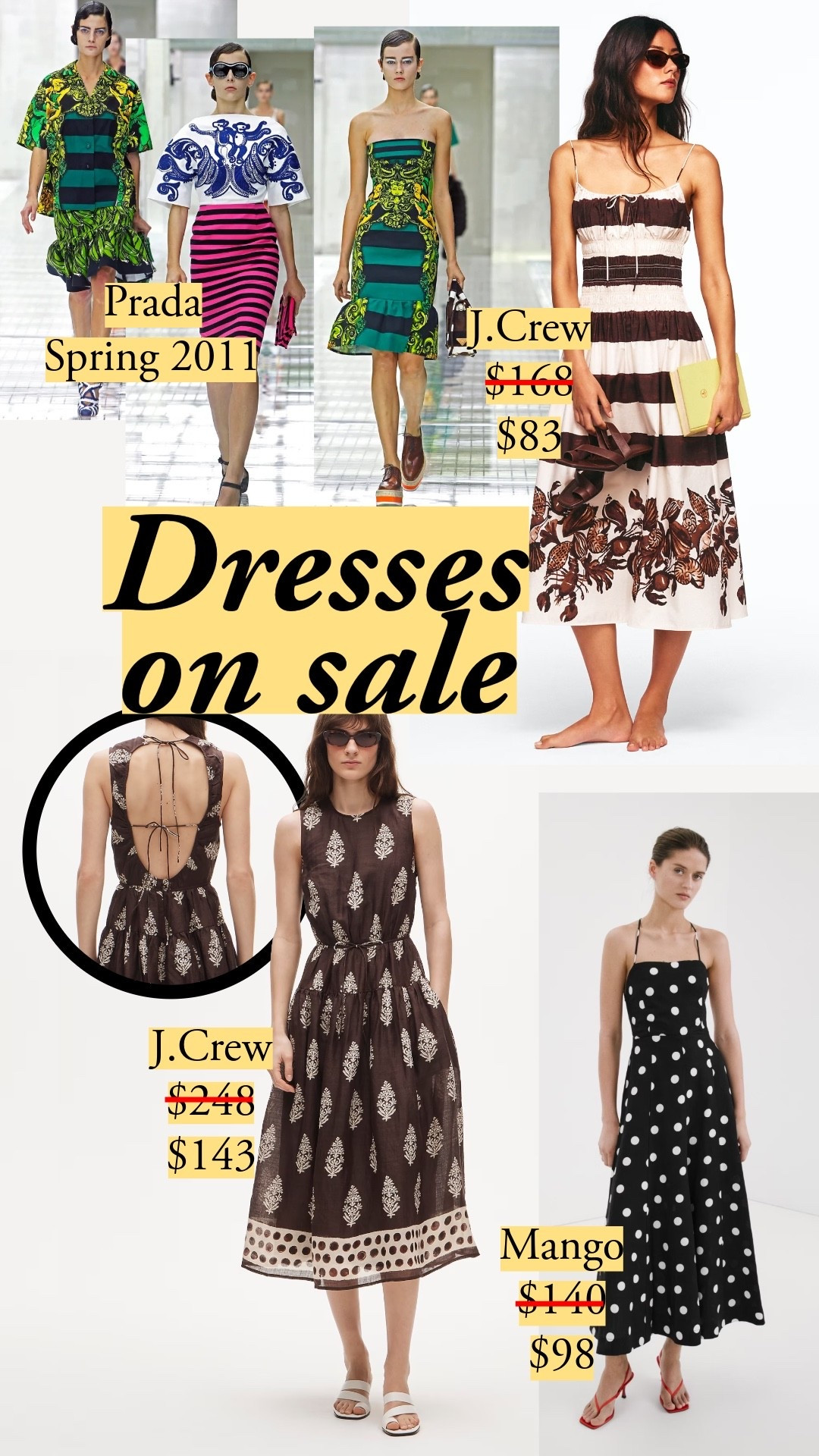 30% off J.Crew sale styles with code SHOPSALE. 30% off Mango with orders >$270 with code SALE30. The dresses that read more expensive than they are come down to print placement and fabric body. That J.Crew striped dress masterfully combines whimsy with prep, much as Prada did for her 2011 spring collection. Both J.Crew's seashell-print Reverie and cocoa block-print have engineered borders that fall right at the hem. Mango's polka dot dress reminds me of a $400 sold out Posse style, except Mango's fabric blends lyocell, for fluidity, and Posse's was 100% linen. summer dress, block print dress, polka dot dress, midi dress, linen dress, striped midi dress, open back dress, seashell print dress, cotton poplin dress, denim shirt dress, vacation dress, neutral summer dress, J.Crew dress, Mango dress, COS dress, dresses on sale

#LTKootd #LTKSaleAlert