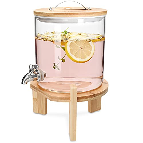 Navaris Beverage Dispenser with Stand - 1.3 Gallon (5L) Glass Drink Dispenser with Spigot, Lid, Wood Stand for Hot or Cold Drinks, Ice Water, Parties | Amazon (US)