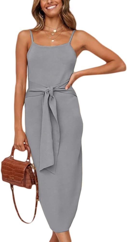 Women's Sexy Slim Fit Long Sweater Dress Spaghetti Strap Pencil Knit Bodycon Dress with Belt | Amazon (US)