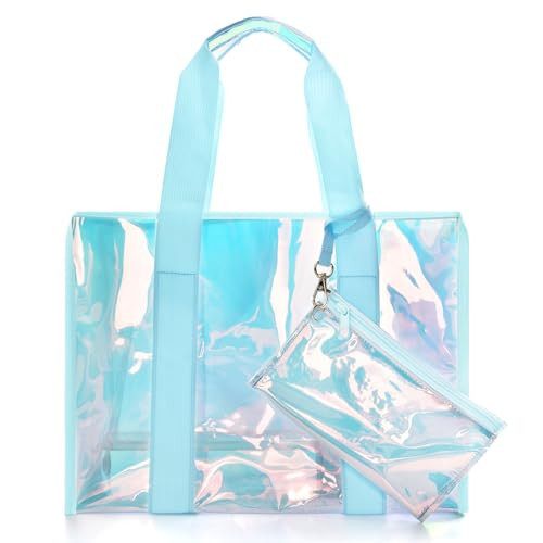 IwIeIaIrI Clear Beach Tote Bag Stylish & Waterproof Iridescent Tote Bag for Women Sports Travel Friendly Holographic Handbag Transparent PVC Summer Beach Bag Ideal for Pool Beach Gym | Amazon (US)