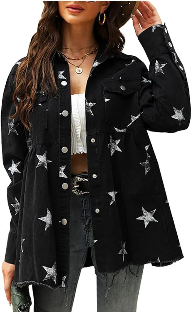 KEDERA Women's Star Embroidered Rivet Pearl Denim Jacket Coat | Amazon (US)