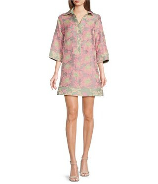 Abbey Glass Piper Floral Print V-Neck 3/4 Sleeve Caftan Mini Dress | Dillard's | Dillard's
