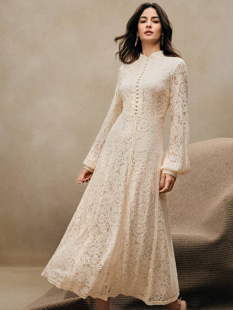 Anewsta Elegant,Spring,All White Woman Outfits Women's Long Sleeve Lace Burgundy Dress Maxi Women... | SHEIN