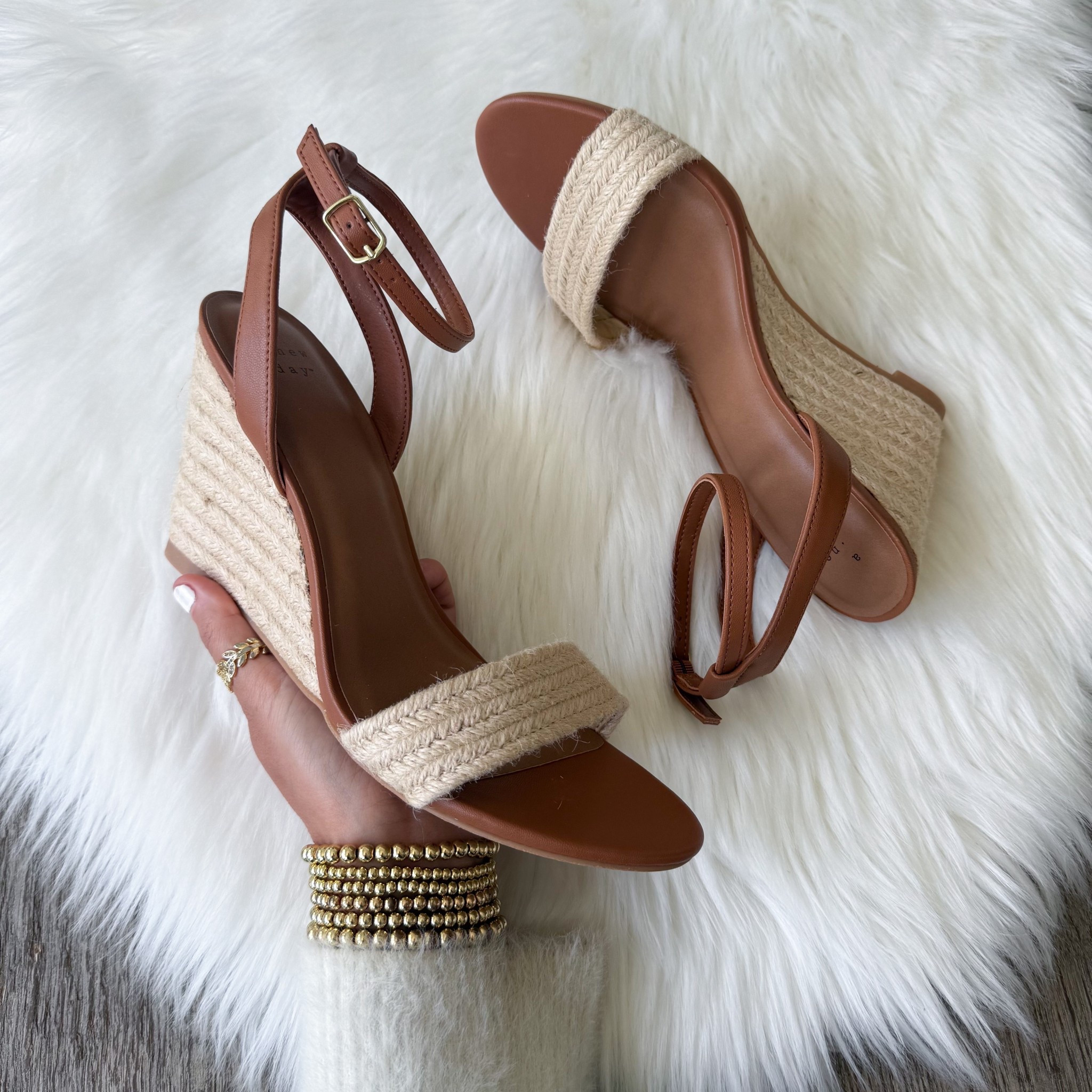 Women's Tish Single Band Ankle Strap Wedge Heels with Memory Foam Insole - A New Day™ Tan
