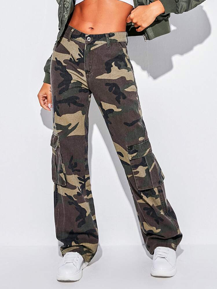 SHEIN Tall Camo Print Flap Pocket Cargo Jeans | SHEIN