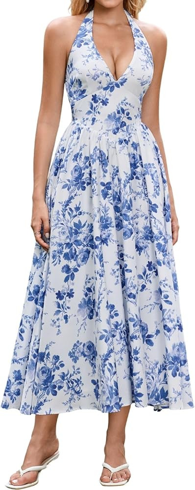 Parthea Women's Gingham Halter V Neck Midi Dress Corset Smocked Sundress Flowy A Line Wedding Gue... | Amazon (US)