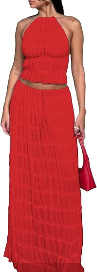 Unybwonn Maxi Skirt Set Summer Two Piece Outfits Backless Backless Halter Top Pleated Flowy Long ... | Amazon (US)