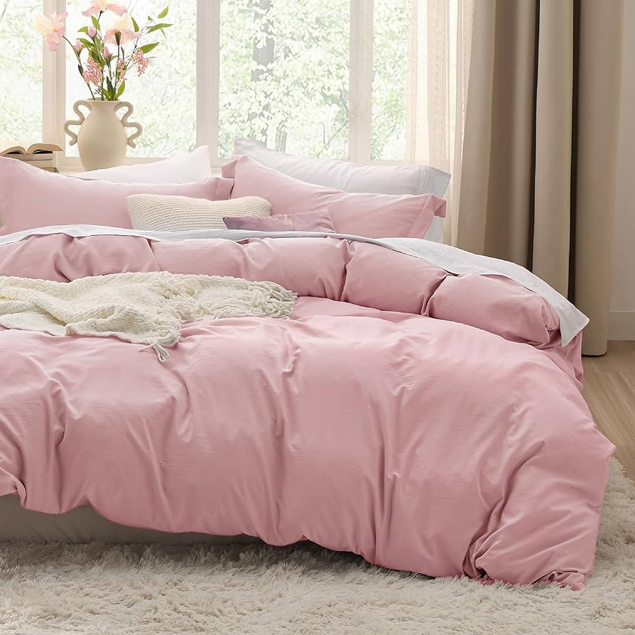 Bedsure Pink Duvet Cover Queen Size - 3 Pieces Prewashed Cotton-Like Extra Soft Bedding Set, Incl... | Amazon (US)