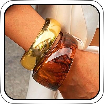 ACEDRE Chunky Resin Bangle Bracelet Set Gold Round Acrylic Wide Wristbands Statement 2PCS Jewelry... | Amazon (US)