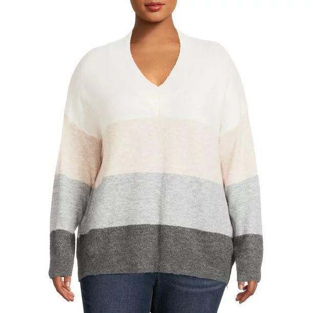 Dreamers by Debut Women's Plus Size Colorblocked V-Neck Sweater - Walmart.com | Walmart (US)