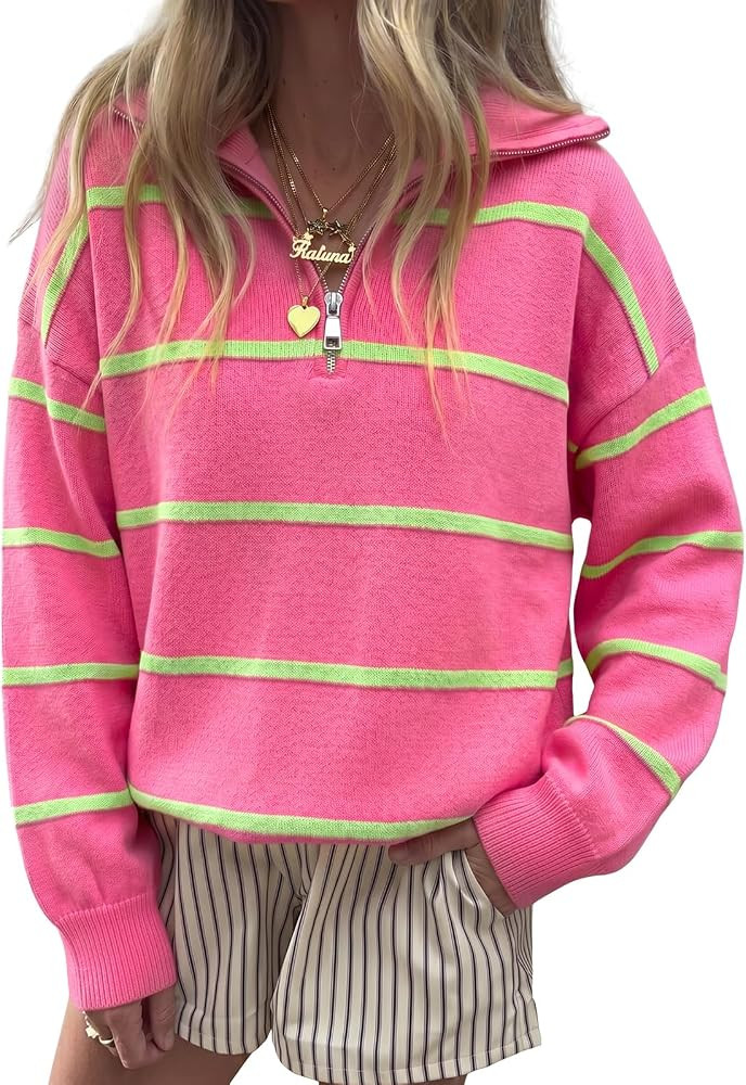 Fisoew Womens Quarter Zip Striped Sweater Oversized Turtleneck Pullover Top | Amazon (US)