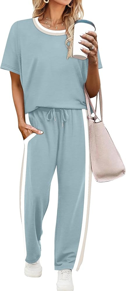 WIHOLL 2 Piece Lounge Sets for Women Matching Set Summer Outfits Short Sleeve Tops Wide Leg Pants... | Amazon (US)
