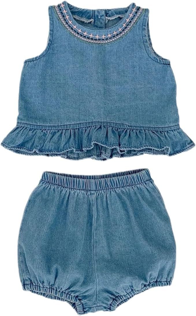 HOOLCHEAN Baby Infant Girls Soft Denim Sweet Sleeveless Ruffle Hem T-shirt Dress and Shorts Set | Amazon (US)
