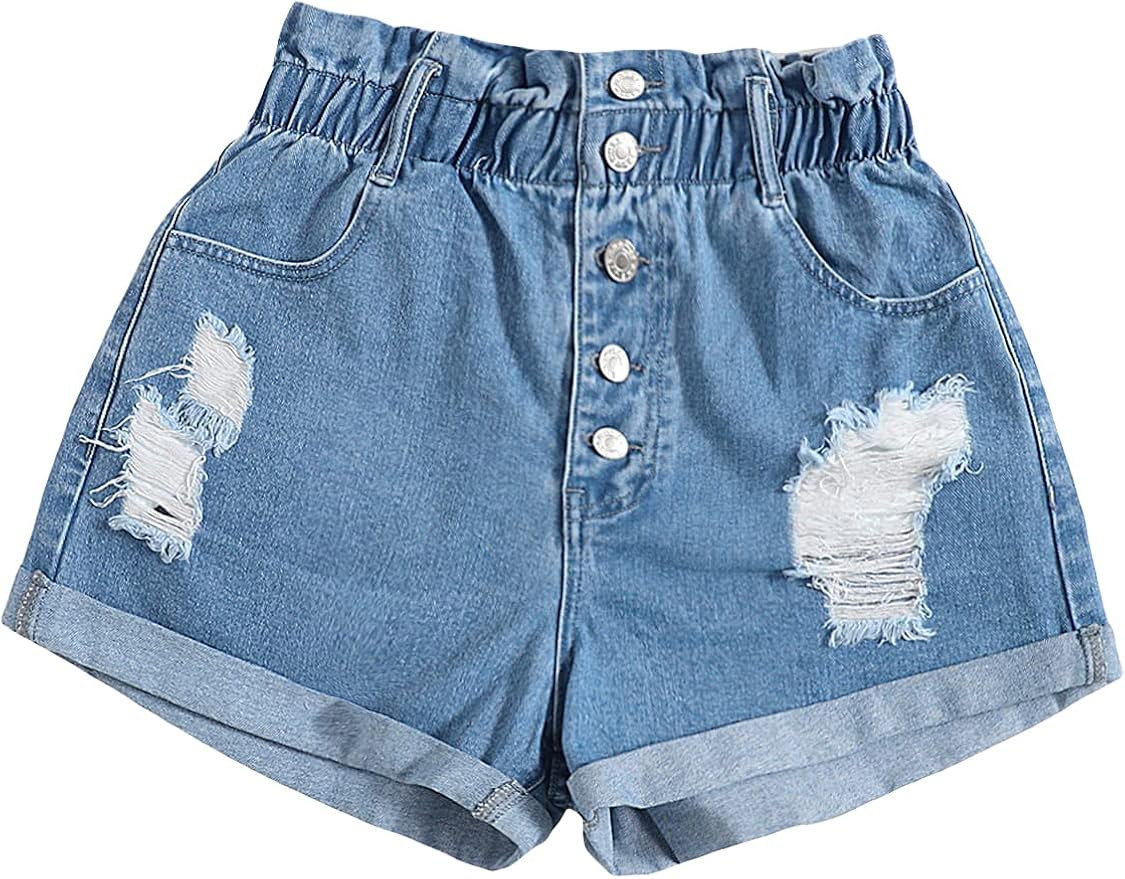 Floerns Women's Paperbag Waist Ripped Roll Hem Straight Leg Denim Shorts | Amazon (US)