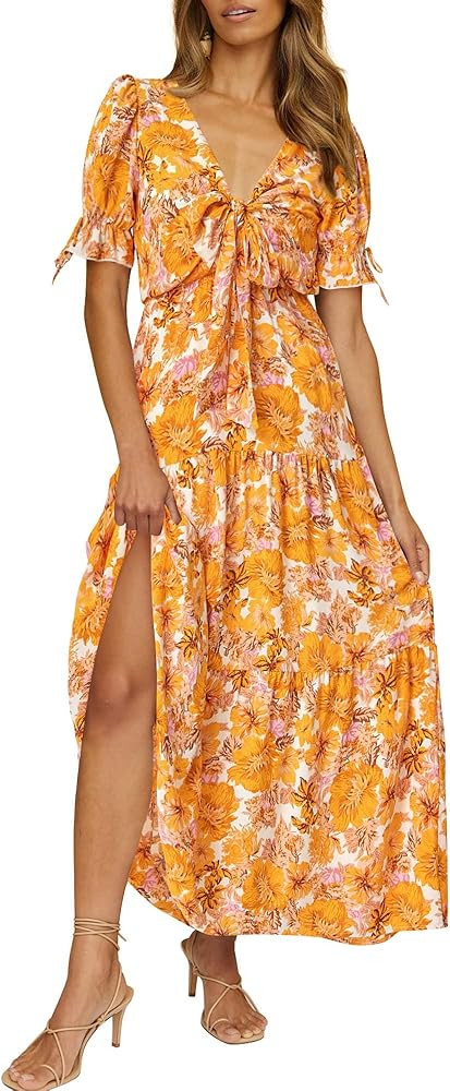 BTFBM 2025 Womens Summer Boho Dress Tie Front Deep V Neck Cutout Short Sleeve Casual Party Floral... | Amazon (US)