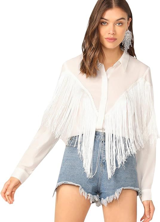 Verdusa Women's Fringe Trim Long Sleeve Button Up Blouse Shirt Top | Amazon (US)