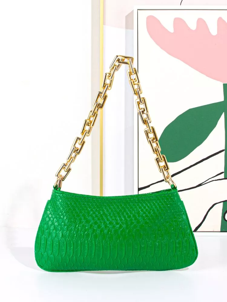 Crocodile Embossed Chain Baguette Bag