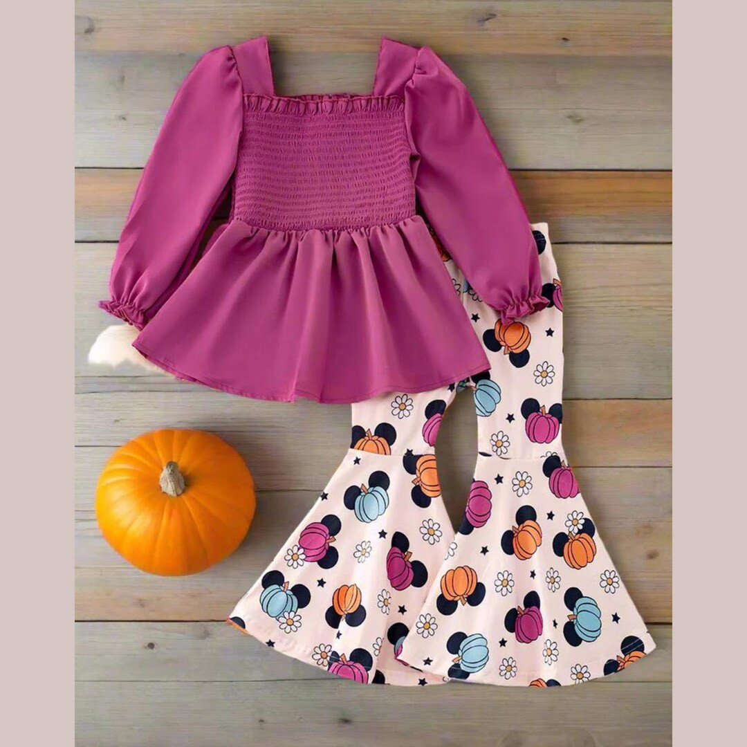 Halloween Minnie Bell Bottoms and Blouse Set, Character Pumpkin Outfit, Girls Fall Outfits, Plum ... | Etsy (US)