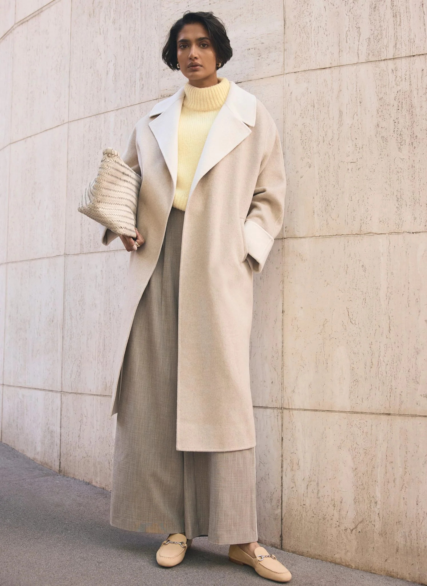 Neutral Wool Blend Double Breasted Coat | Mint Velvet