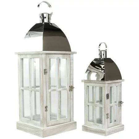 Set of 2 Antique White Wood Candle Lanterns with Silver Tops 21.5 | Walmart (US)