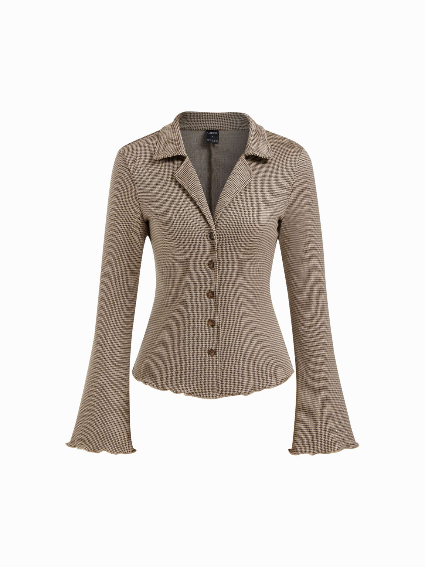 Houndstooth Collar Lettuce Trim Bell Sleeve Top | Cider