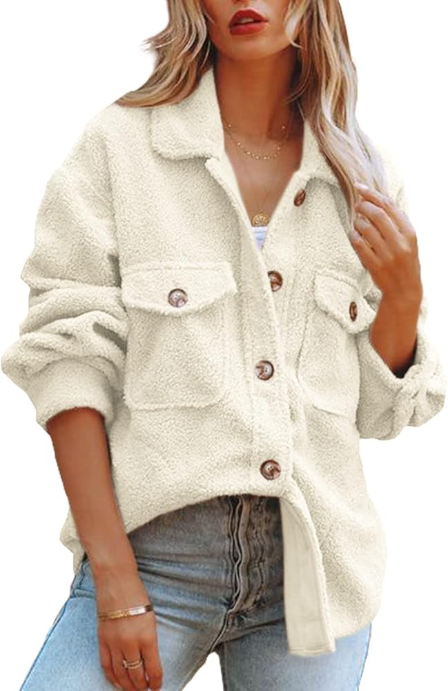 ReachMe Womens Sherpa Fleece Jacket Button Down Shirt Jacket Long Sleeve Shacket with Pockets Lapel  | Amazon (US)