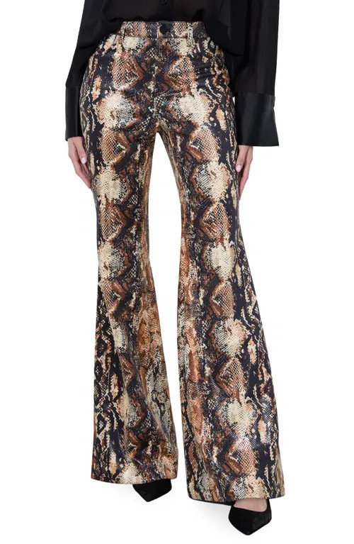 Alice + Olivia Cristena Snake Print Faux Leather Flare Pants in Camel/Black Snake at Nordstrom, Size 2 | Nordstrom