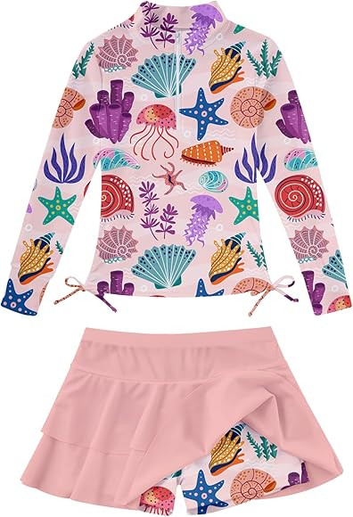 Vogseek 3-12T Girls Rash Guard 2 Pieces Bathing Suit Long Sleeve Swimsuit Swimming Skirt with Sho... | Amazon (US)