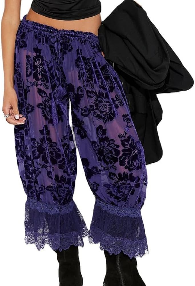 Women Y2K Bloomer Pants Lace Trim Loose Fit Ruffle Bloomers Elastic Waist Cropped Pumpkin Pettipa... | Amazon (US)