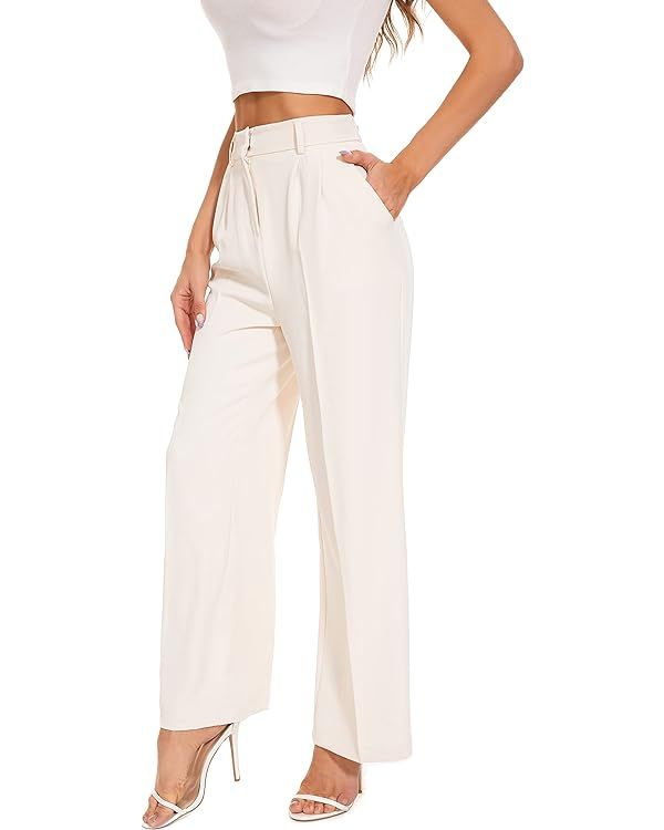 FUNYYZO Women's Wide Leg Pants High Elastic Waisted in The Back Business Work Trousers Long Strai... | Amazon (US)