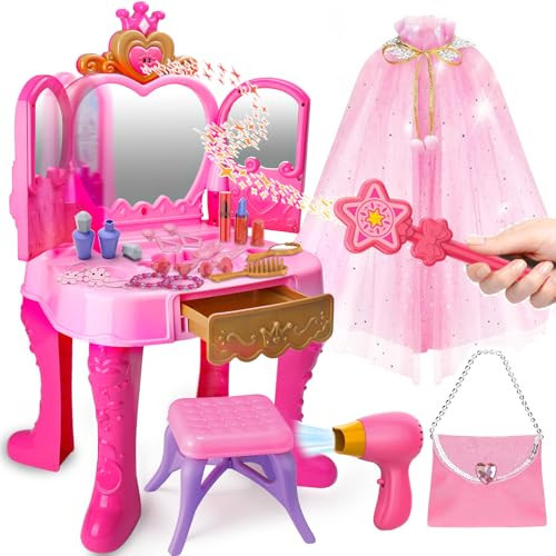 Toddler Vanity Magic Makeup Set Table and Chair Girl Toy Automatically Mirror with Music Light Pink Toys Girls Hair Salon Pretend Play Princess Dress Up Playset Gift Toddler | Amazon (US)