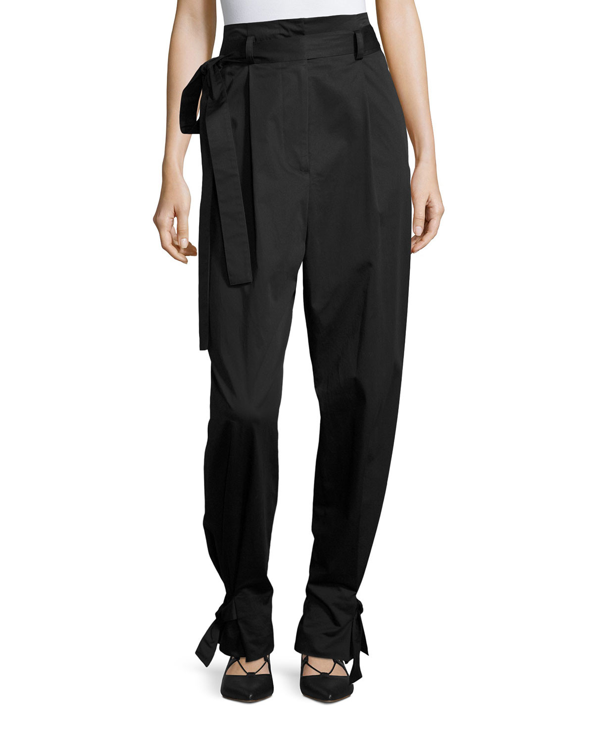 Sateen Belted High-Rise Paperbag Trousers, Black | Neiman Marcus
