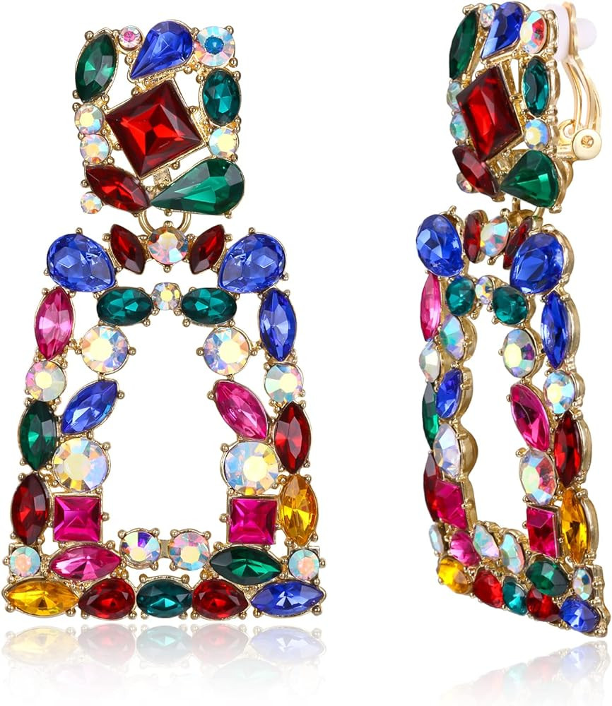 Flyonce Rectangle Clip-on Drop Earrings for Women, Sparkly Rhinestone Crystal Geometric Statement... | Amazon (US)