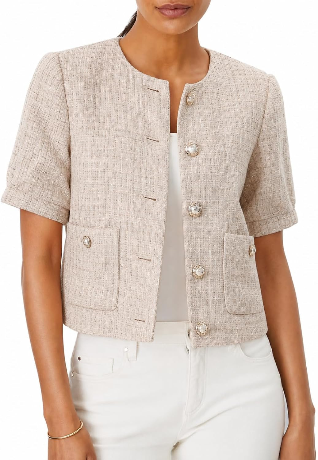 Puff Short Sleeve Tweed Jacket Women Cropped Blazer Summer Open Front Casual Office Work Coat | Amazon (US)