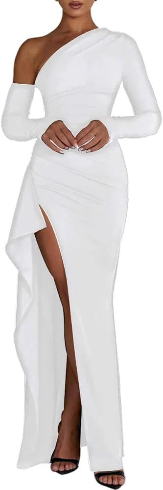 SHESEEWORLD Women's Sexy Long Sleeve One Shoulder Cut Out Ruched High Split Bodycon Wrap Cocktail... | Amazon (US)