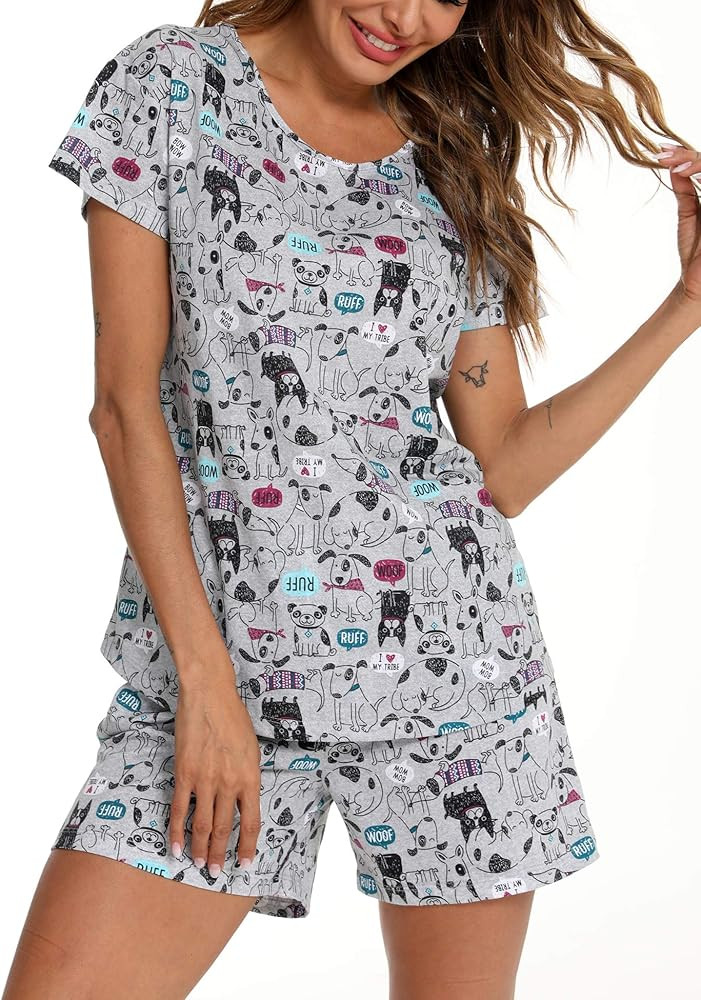 ENJOYNIGHT Women's Cute Sleepwear Print Tee and Shorts Pajama Set | Amazon (US)