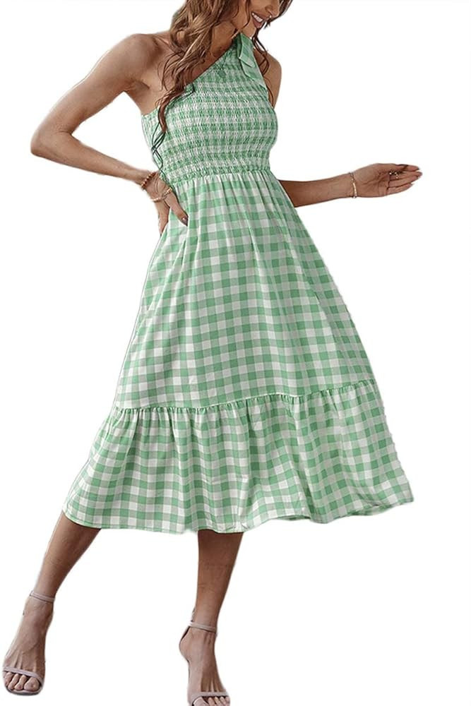 Womens Gingham Dress One Shoulder Maxi Dress Elegant Cocktail Party Dress Boho Tiered Swing Midi ... | Amazon (US)
