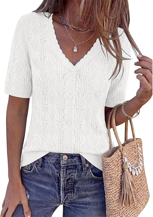 PRETTYGARDEN Short Sleeve Crochet Tops for Women Trendy 2026 Summer Cardigan Sweaters Button Up L... | Amazon (US)