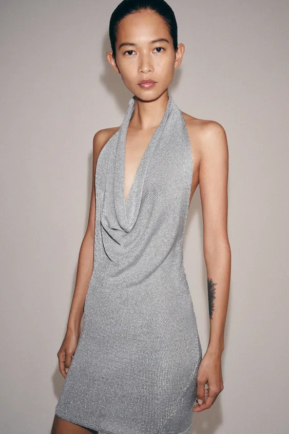 METALLIC THREAD KNIT HALTER DRESS | Zara UK