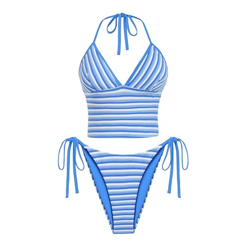 ZAFUL Striped Swim Suits for Women 2025 Halter V Neck Tankini Sets Terry Bikini High Cut Tie Side... | Amazon (US)