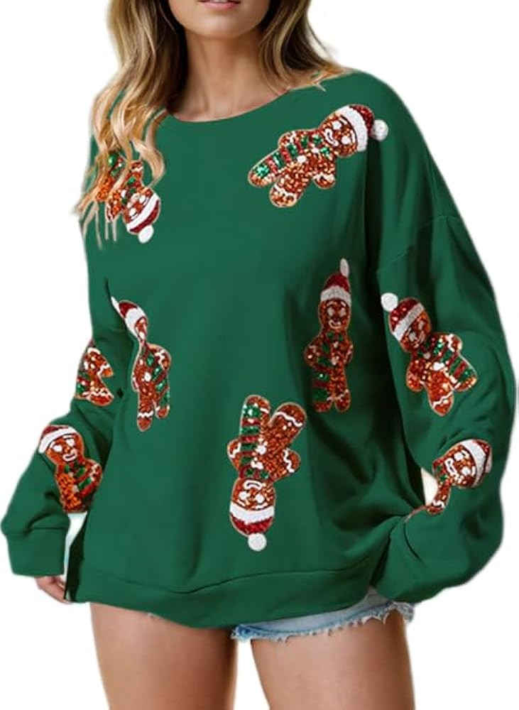 Women Cute Glitter Holiday Letter Sweaters Sparkle Sequin Long Sleeve Tops Casual Round Neck Pull... | Amazon (US)