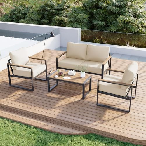 Aoxun Patio Furniture Set, 4 Piece Outdoor Patio Furniture with Thick Cushions, Modern Metal Outdoor Conversation Sets with Coffee Table for Porch, Balcony, Deck Beige | Amazon (US)