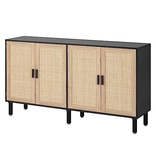 Finnhomy 4 Door Sideboard Buffet Cabinet, Kitchen Storage Cabinet with Rattan Decorated Doors, Cupboard Console Table, Boho Accent Liquor Cabinet, Bar Cabient, 62.3X 15.7X 34.6 Inches, Black | Amazon (US)
