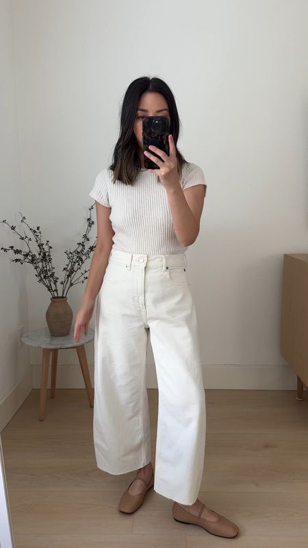 Everlane curve hem denim review. Super high rise. Went up 2 sizes for a comfy fit. Could probably just go up 1 size. Cut about 2” off hems. White isn’t see through. On sale!

Spring outfits, jeans, petite style 

#LTKFindsUnder100 #LTKSaleAlert #LTKShoeCrush