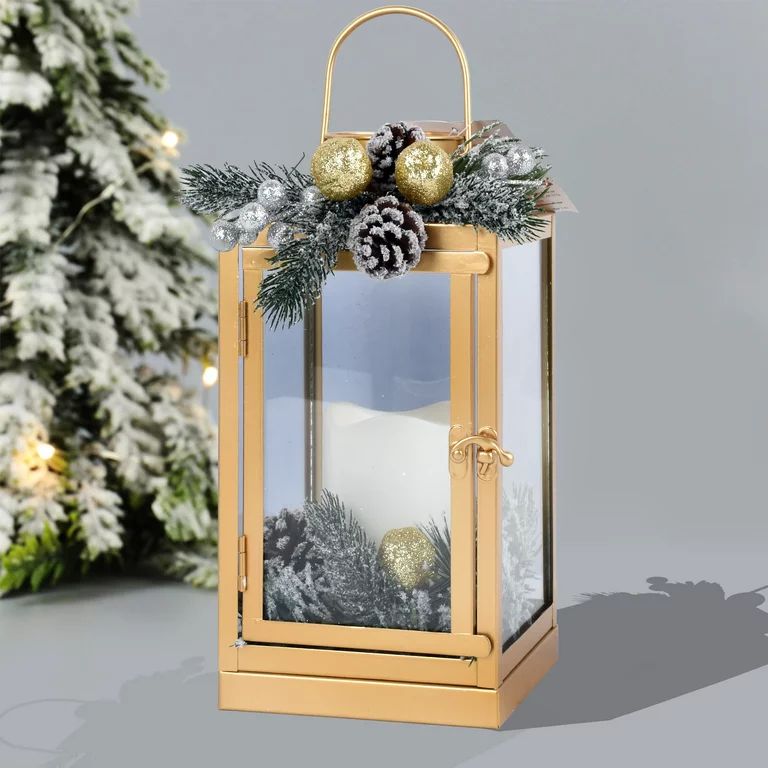 Holiday Time 10.6 Inch Gold Metal Christmas Decorative Lantern with LED Candle | Walmart (US)