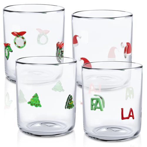 4 Pcs Christmas Icon Glass Cups Set - 14 oz Santa Hat Xmas Wreath Christmas Tree & FA LA Stemless Wine Glasses Double Old Fashioned Icon Juice Glasses Drinking Cups for Holiday Party Supplies and Gift | Amazon (US)