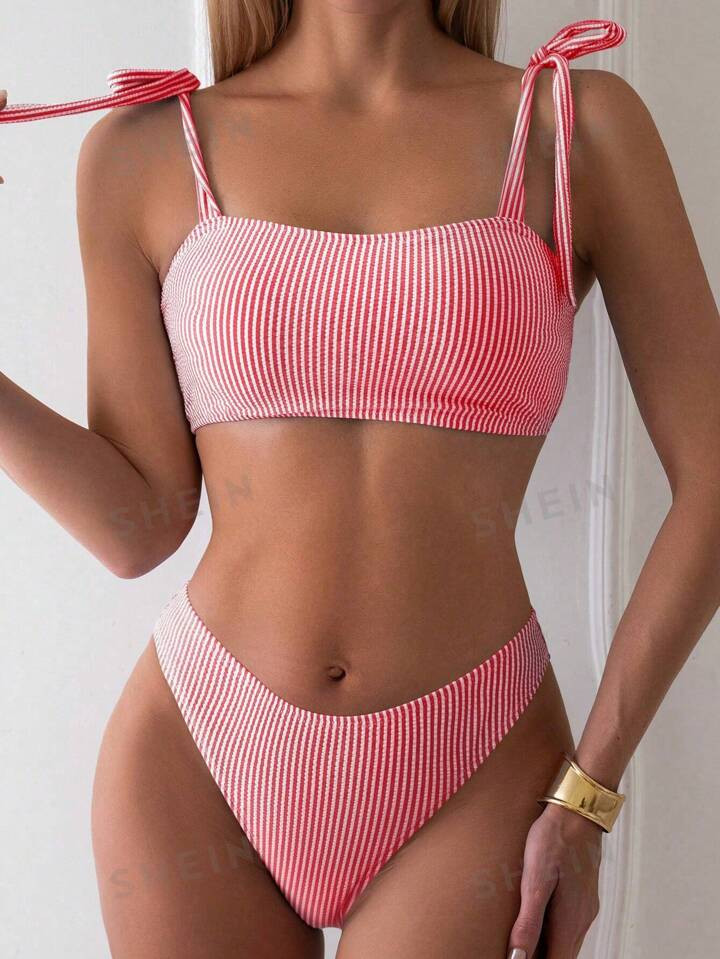 SHEIN Swim Women Solid Color Shoulder Strap Sexy Bikini Set For Vacation,Summer Beach | SHEIN