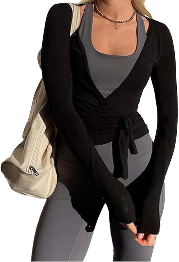 Y2k Ballet Pilates Wrap Top for Women Workout Yoga Dance Long Sleeve Wrap Shirt Slim Tie Front Go... | Amazon (US)