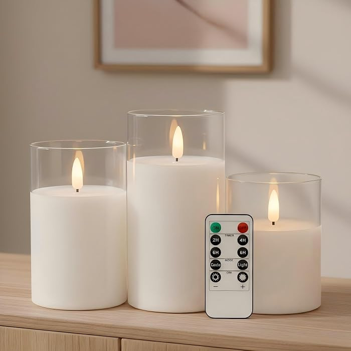 ANGELLOONG Flickering Flameless Candles with Remote, Clear White Glass | Amazon (US)