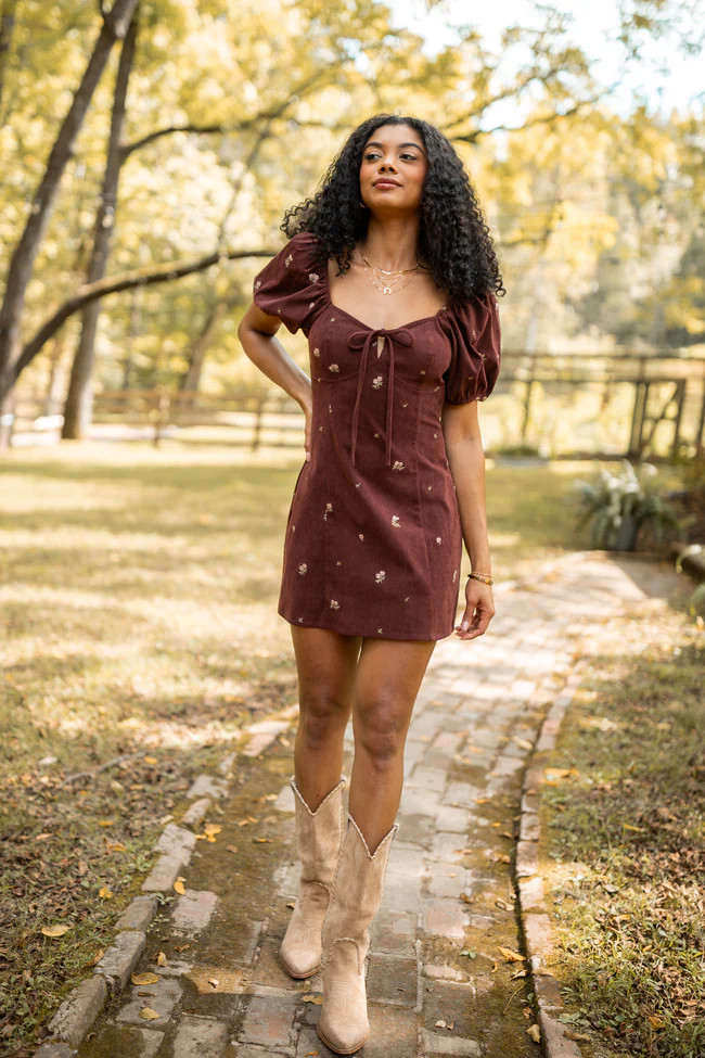 Leigh Brown Floral Embroidered Mini Dress | Pink Lily